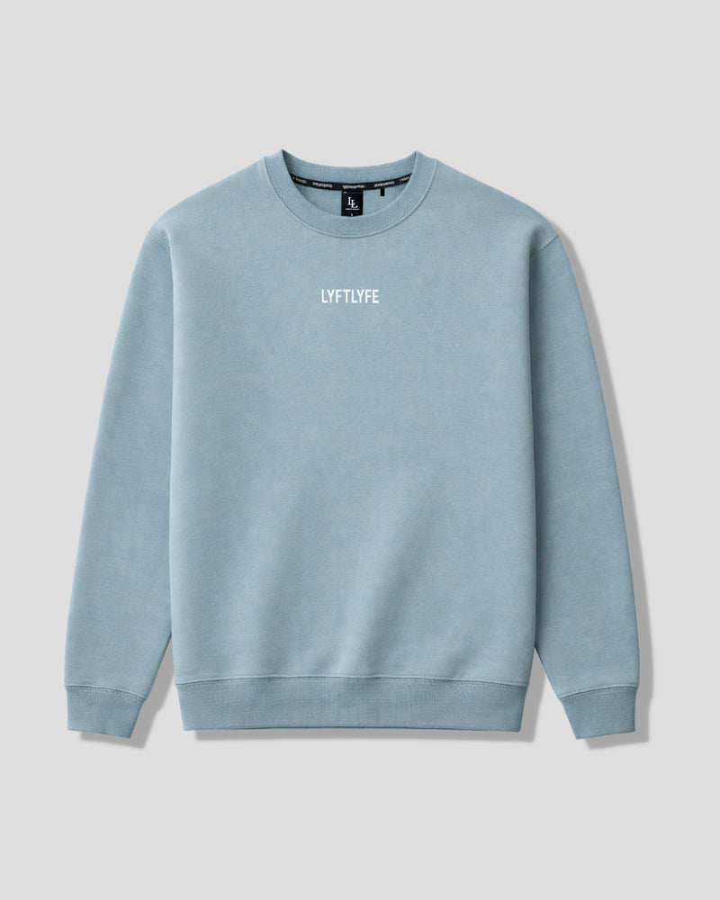 Light blue women's sweatshirt with 'LYFTLYFE' logo on a light gray background