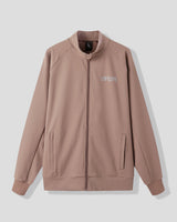 Brown jacket with a brand logo on a light gray background