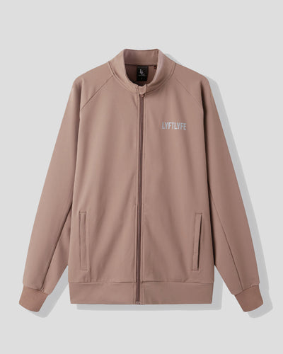 Brown jacket with a brand logo on a light gray background