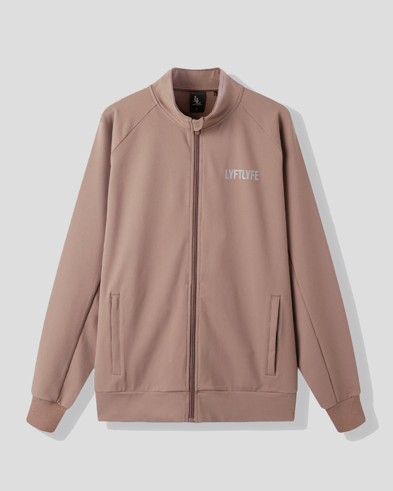 Brown jacket with a brand logo on a light gray background