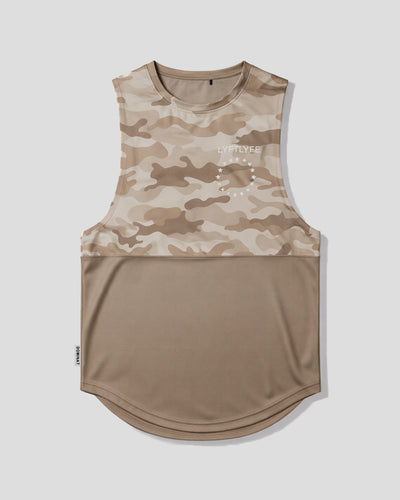 Camouflage sleeveless shirt with a white brand logo on a light gray background