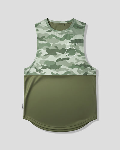 Green camouflage sleeveless shirt with a plain green bottom on a light gray background