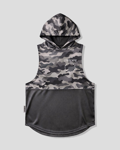 Charcoal camouflage sleeveless hoodie on a light gray background