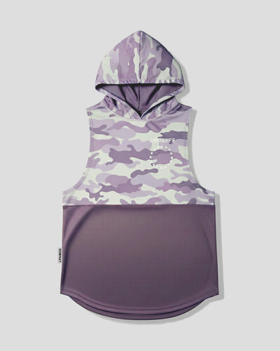 Purple camouflage sleeveless hoodie on a light gray background