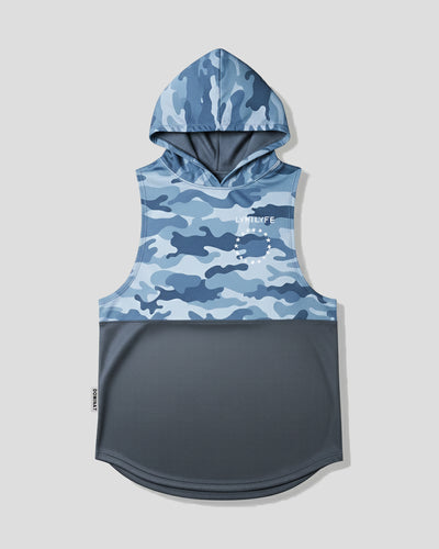 Blue camouflage sleeveless hoodie with a white brand logo on a light gray background