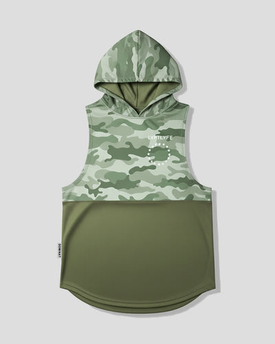 Green camouflage sleeveless hoodie on a light gray background