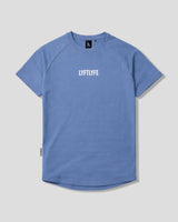 Blue LYFTLYFE contour t-shirt with white logo on light grey. 
