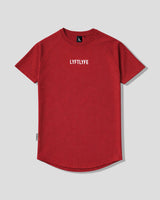 Imperial red LYFTLYFE contour t-shirt with white logo on light grey background.