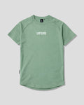 Green LYFTLYFE contour t-shirt with white logo on light grey. 