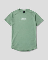 Green LYFTLYFE contour t-shirt with white logo on light grey. 