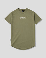 LYFTLYFE contour t-shirt in olivine green with white logo on light grey. 