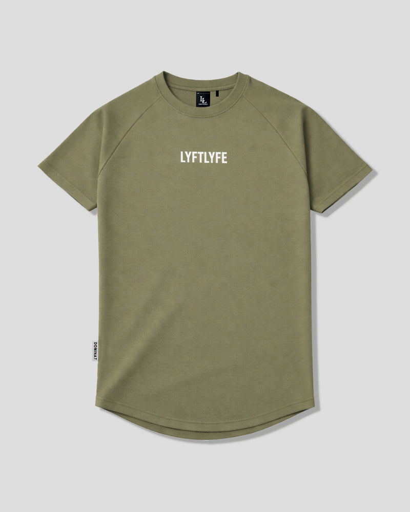 LYFTLYFE contour t-shirt in olivine green with white logo on light grey. 