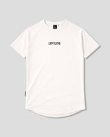 LYFTLYFE contour t-shirt in off-white with black logo on light grey background.