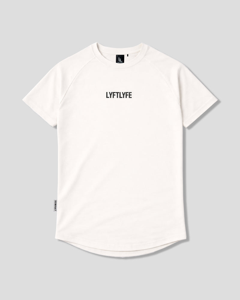 LYFTLYFE contour t-shirt in off-white with black logo on light grey background.