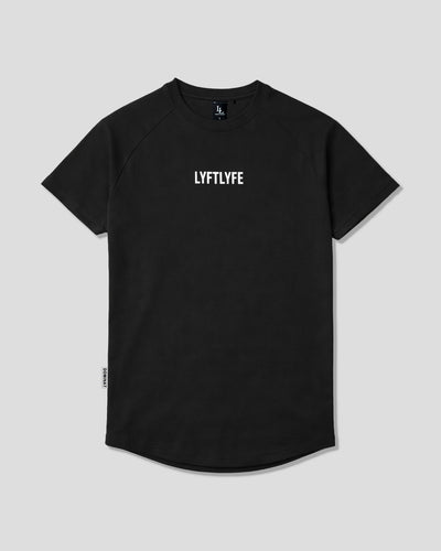Black LYFTLYFE contour t-shirt with white logo on light grey. 