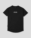 Black LYFTLYFE contour t-shirt with white logo on light grey. 