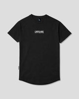 Black LYFTLYFE contour t-shirt with white logo on light grey. 