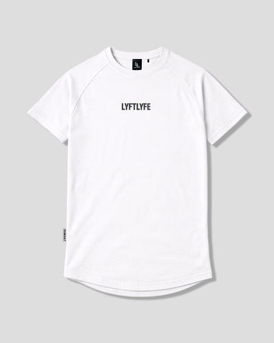 White LYFTLYFE contour t-shirt with black logo on light grey. 