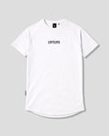 White LYFTLYFE contour t-shirt with black logo on light grey. 