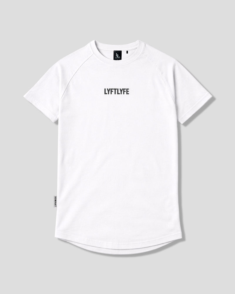 White LYFTLYFE contour t-shirt with black logo on light grey. 