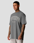 Right side view of men's oversized T-shirt in grey, premium cotton, with a large Lyftlyfe logo on the chest.