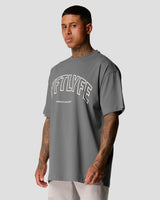 Right side view of men's oversized T-shirt in grey, premium cotton, with a large Lyftlyfe logo on the chest.