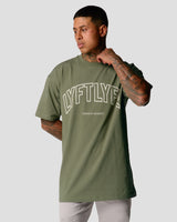 Oversized men’s T-shirt in green with a large white Lyftlyfe logo, made from soft premium cotton.
