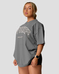 Left side view of Women's oversized T-shirt in grey, cotton, with a large Lyftlyfe logo on the chest.