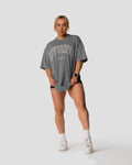 Women's oversized T-shirt in grey, premium cotton, with a large white Lyftlyfe logo. 