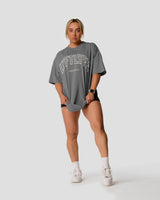Women's oversized T-shirt in grey, premium cotton, with a large white Lyftlyfe logo. 