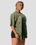 Right side view of Women's oversized T-shirt in green, cotton, with a large Lyftlyfe logo on the chest.