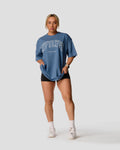 Women's oversized T-shirt in blue with a large white Lyftlyfe logo. 