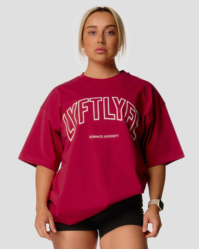 Red oversized t-shirt with 'LYFTLYFE' text on a gray background