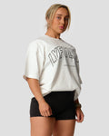 Right side view of Women's oversized T-shirt in red, cotton, with a large Lyftlyfe logo on the chest.
