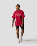 Men’s oversized red T-shirt with a large white Lyftlyfe logo on the chest. 