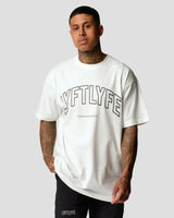 Oversized men’s T-shirt in white with a large black Lyftlyfe logo, made from soft premium cotton.