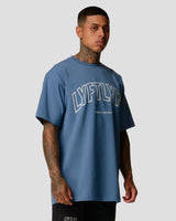 Left side view of men's oversized T-shirt in blue with a large Lyftlyfe logo on the chest.
