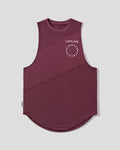 Maroon sleeveless shirt with a logo on a light gray background