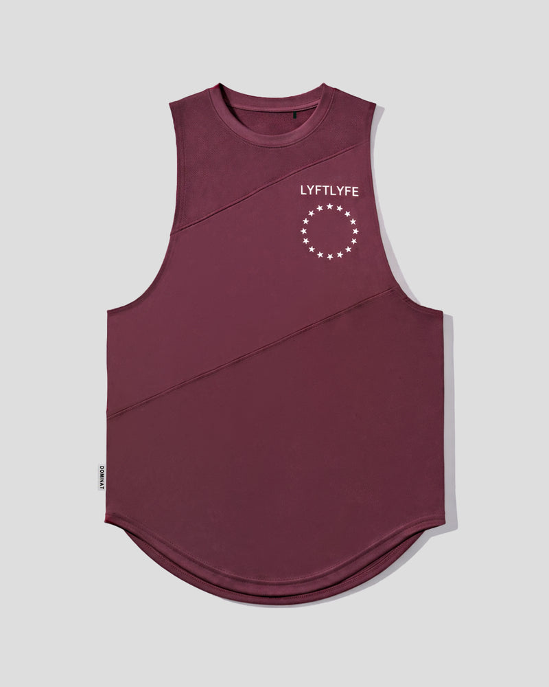Maroon sleeveless shirt with a logo on a light gray background