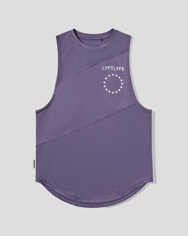 Purple sleeveless shirt with 'LYFTLYFE' logo on a light gray background