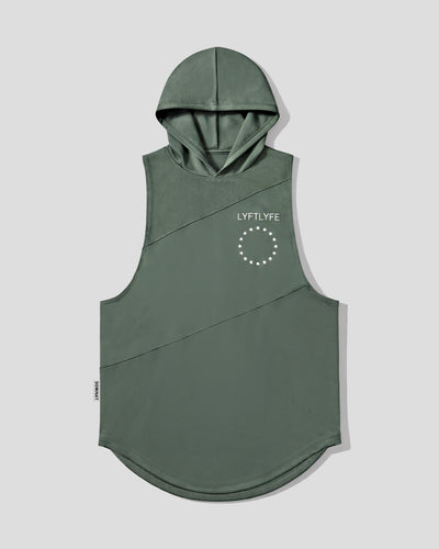 Green sleeveless hoodie with a brand logo on a light gray background