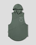 Green sleeveless hoodie with a brand logo on a light gray background