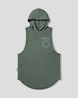 Green sleeveless hoodie with a brand logo on a light gray background