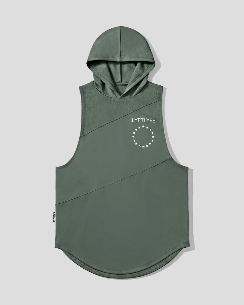 Green sleeveless hoodie with a brand logo on a light gray background