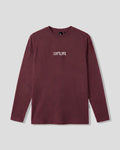 Men’s burgundy LYFTLYFE essential long sleeve shirt with white chest logo on light grey background.