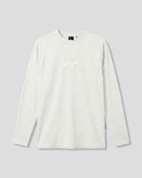 Men’s LYFTLYFE essential long sleeve shirt in offwhite with white chest logo on light grey background.
