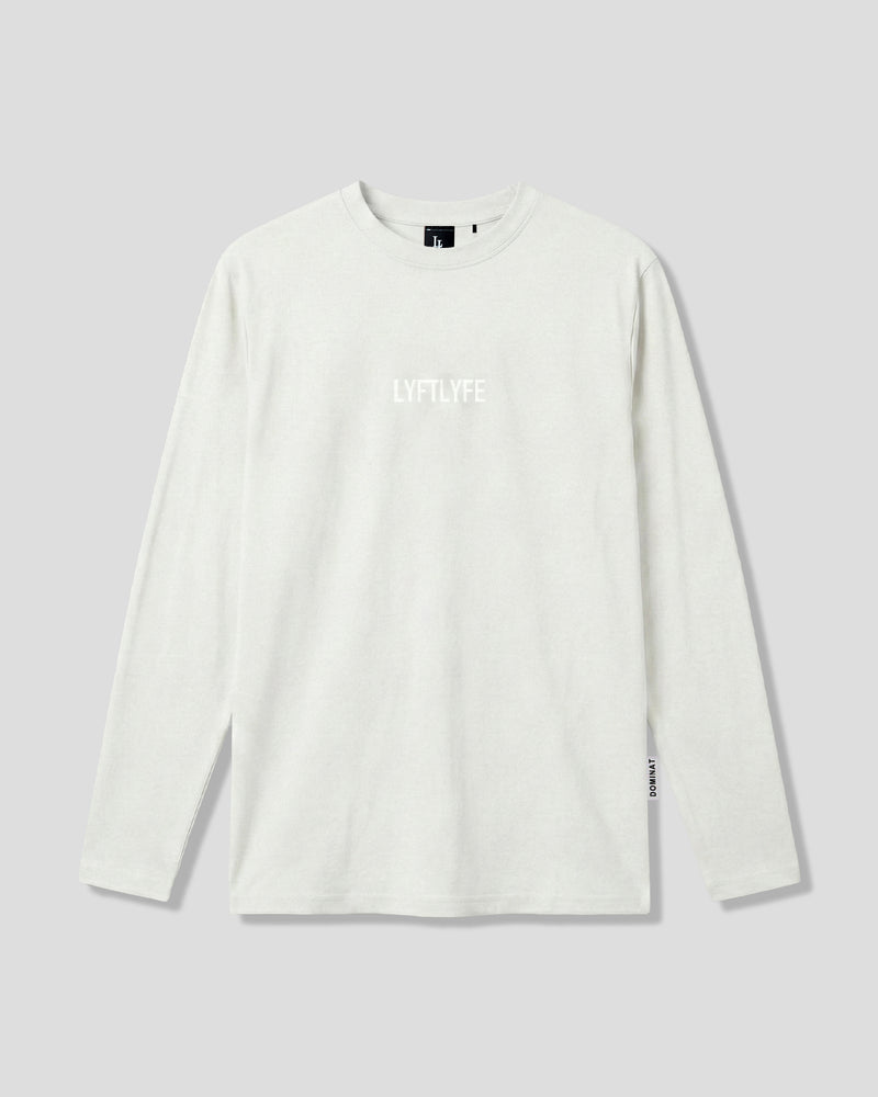 Men’s LYFTLYFE essential long sleeve shirt in offwhite with white chest logo on light grey background.