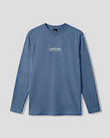 Blue long-sleeve shirt with 'LYFTLYFE' logo on a light gray background