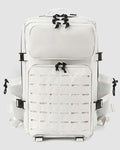 White backpack with black straps on a light gray background