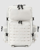 White backpack with black straps on a light gray background